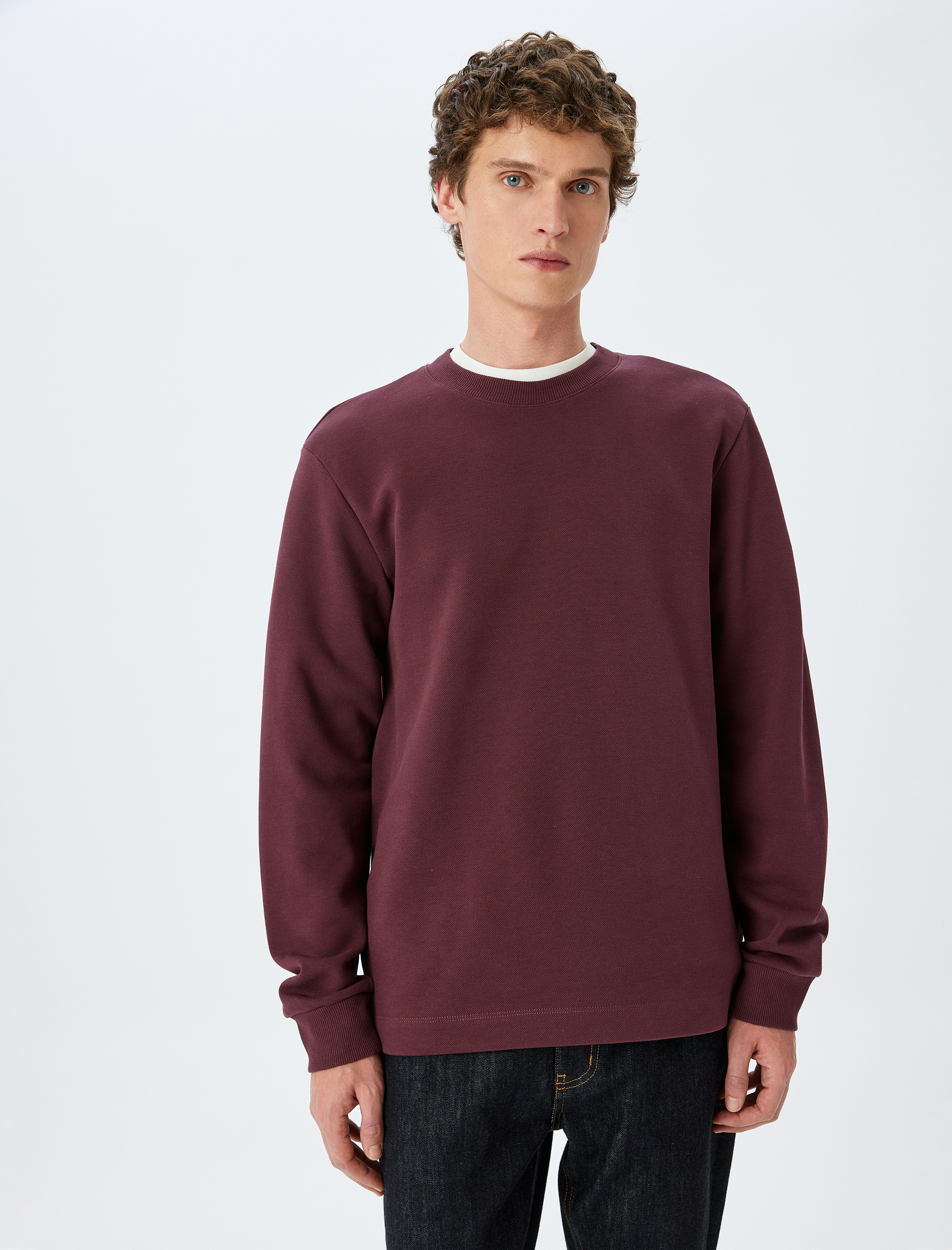   Bisiklet Yaka Pamuklu Pike Kumaş Basic Sweatshirt