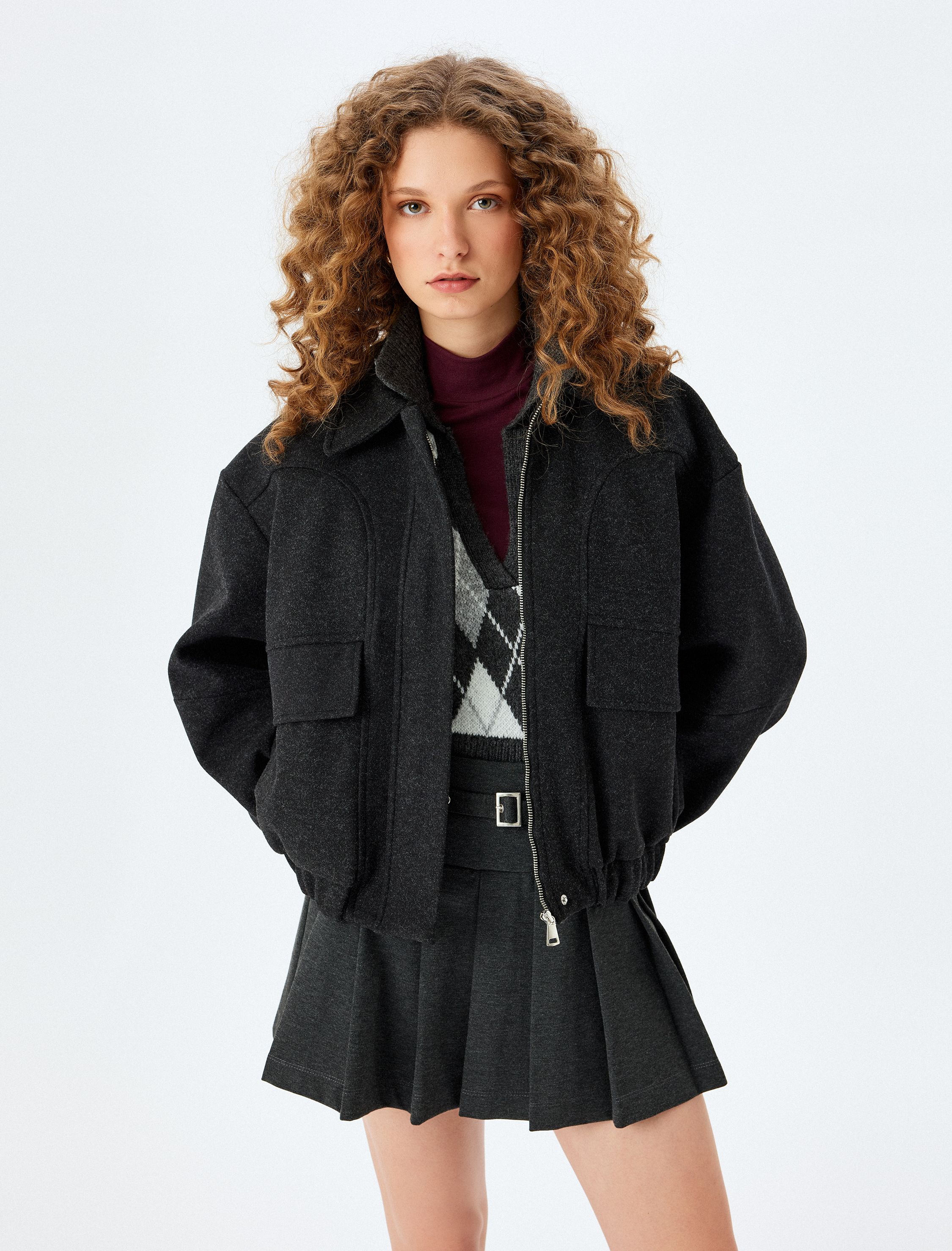   Klasik Yaka Fermuarlı Cep Detaylı Oversize Ceket