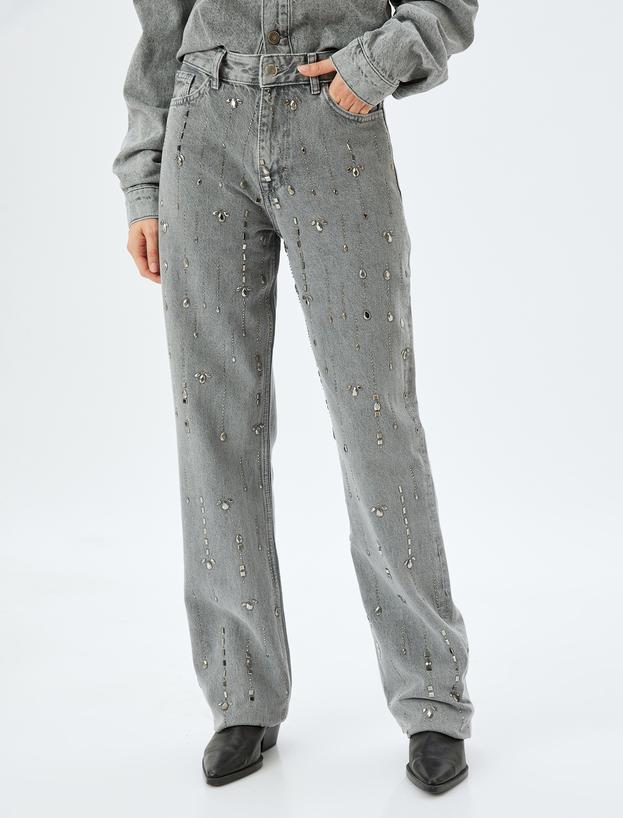 Düz Uzun Paça Normal Bel Cep Detaylı Taşlı Kot Pantolon - Longer Straight Fit Jean_2