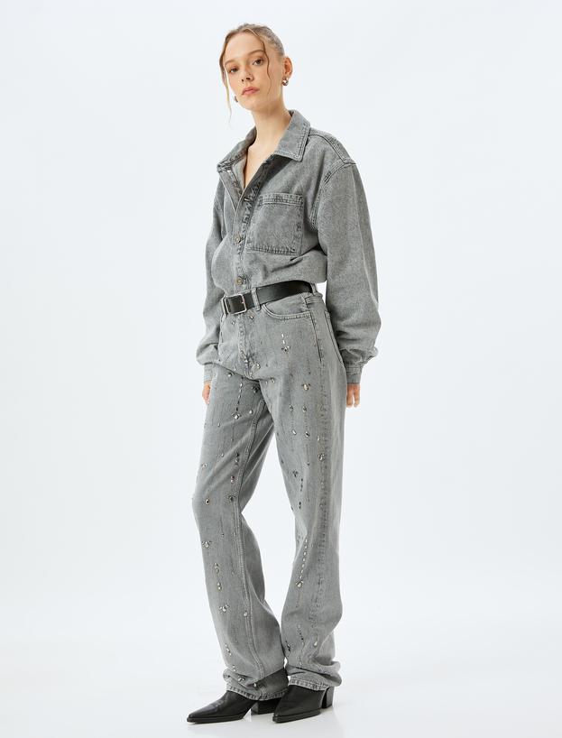 Düz Uzun Paça Normal Bel Cep Detaylı Taşlı Kot Pantolon - Longer Straight Fit Jean_1