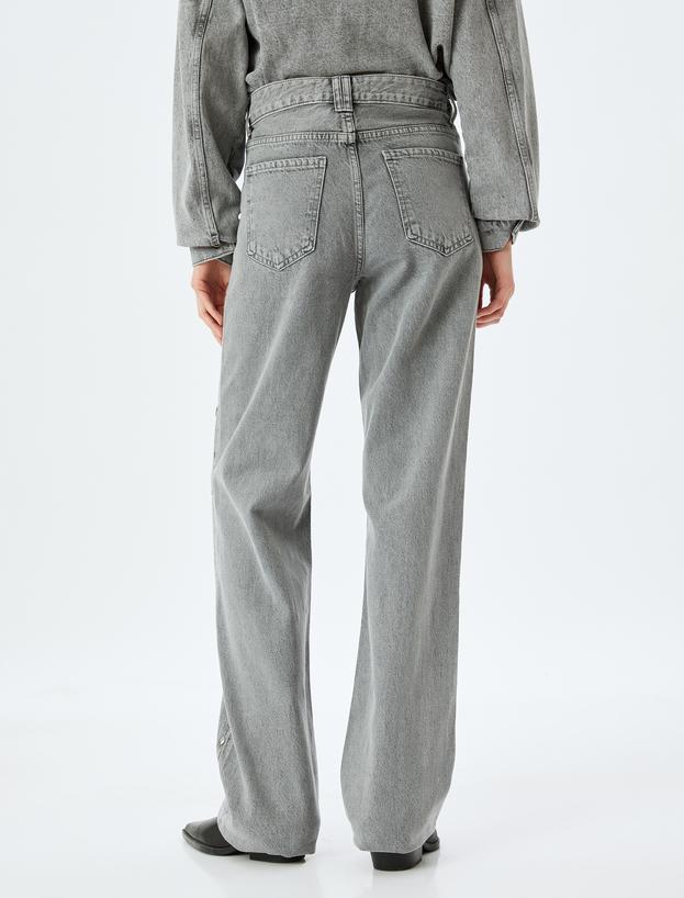 Düz Uzun Paça Normal Bel Cep Detaylı Taşlı Kot Pantolon - Longer Straight Fit Jean_3