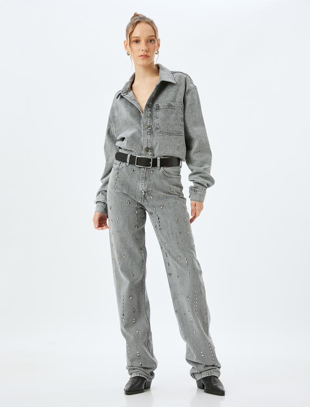 Düz Uzun Paça Normal Bel Cep Detaylı Taşlı Kot Pantolon - Longer Straight Fit Jean_0