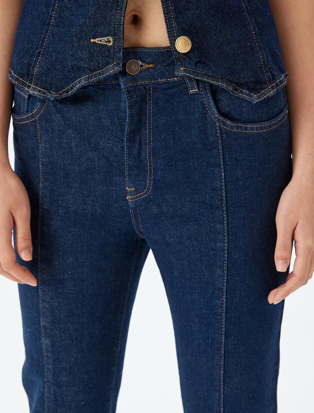 İspanyol Paça Nervürlü Düğmeli Normal Bel Kot Pantolon - Kick Flare Jean_4