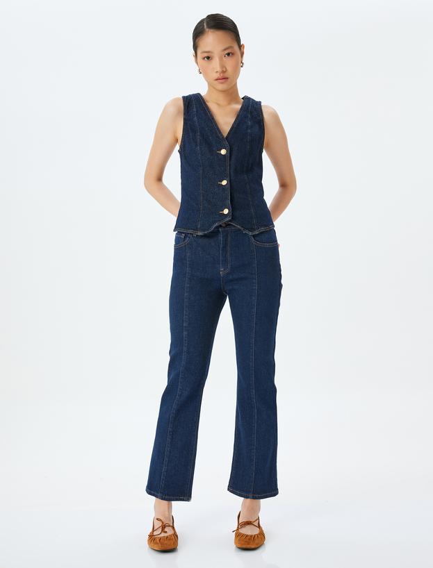 İspanyol Paça Nervürlü Düğmeli Normal Bel Kot Pantolon - Kick Flare Jean_0