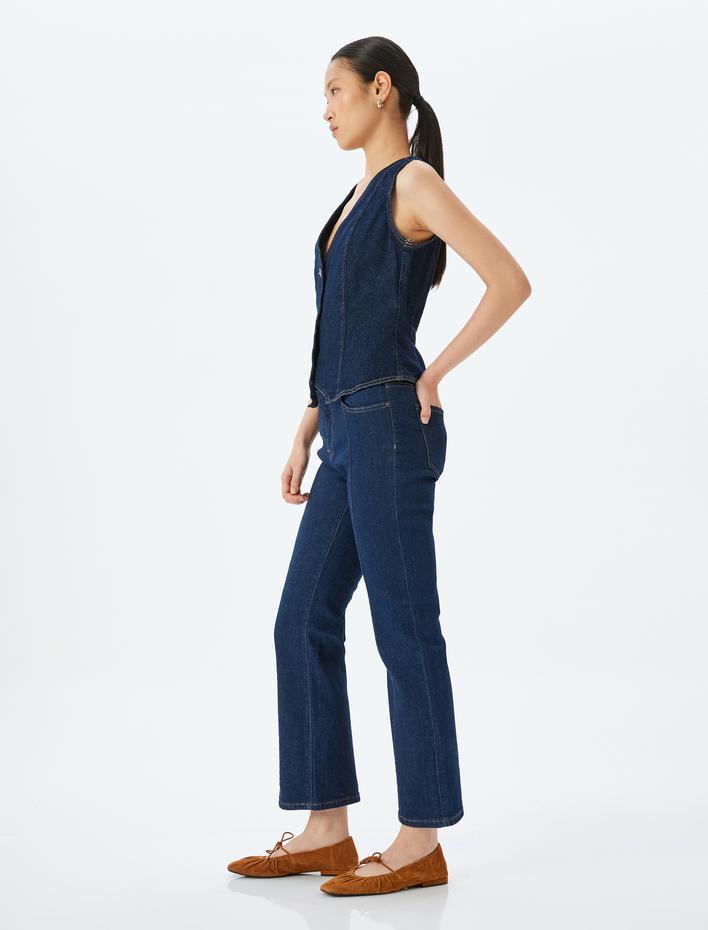  İspanyol Paça Nervürlü Düğmeli Normal Bel Bootcut Jean Pantolon - Kick Flare Jean