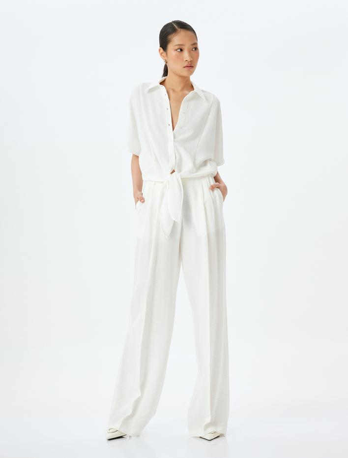  Klasik Yaka Önden Bağlama Detaylı Kısa Kollu Gömlek