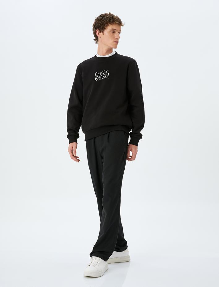  Pamuk Karışımlı Şardonlu Slogan İşlemeli Bisiklet Yaka Sweatshirt