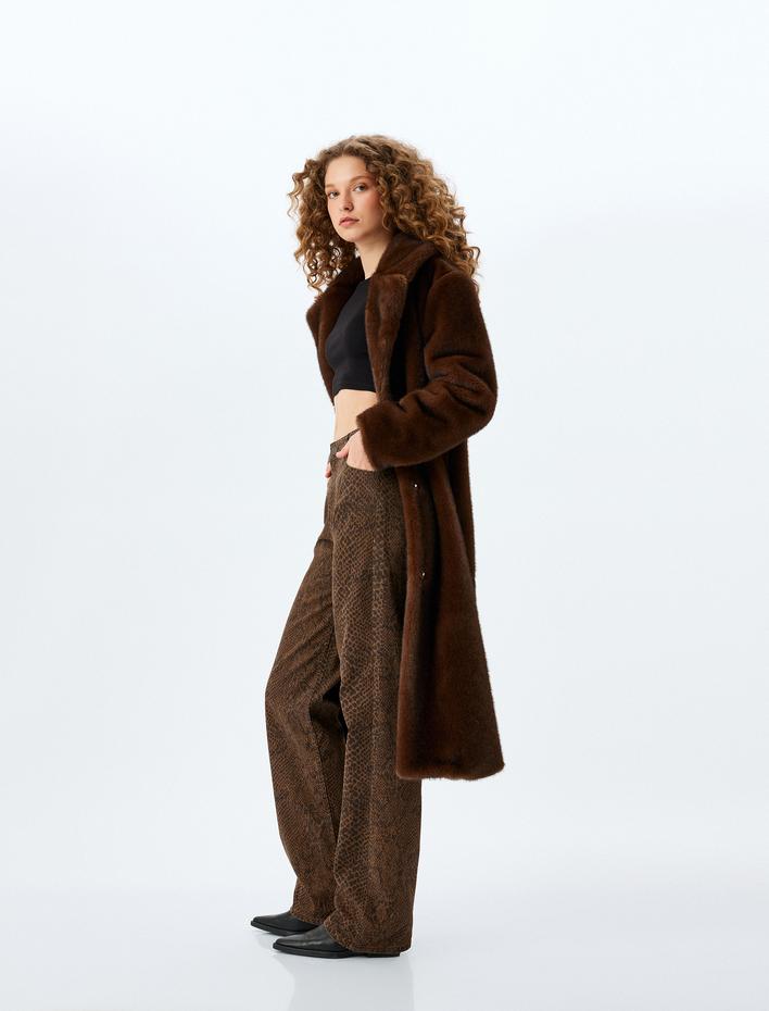  Yılan Derisi Desenli Düğmeli Cepli Normal Bel Pantolon - Baggy Jeans