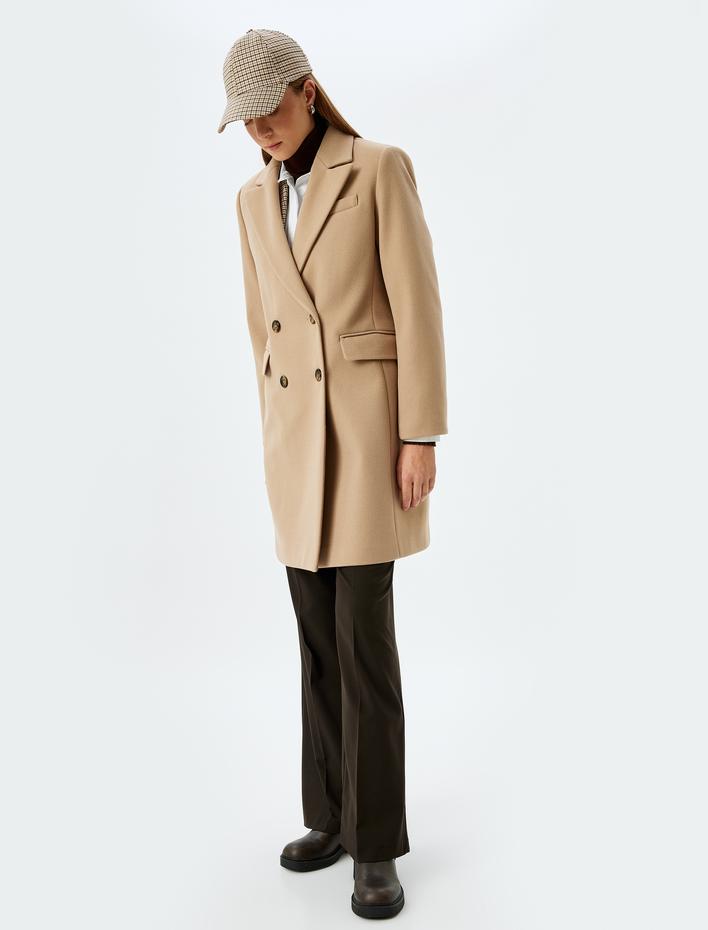  Uzun Kaşe Kaban Kruvaze Düğmeli Cepli