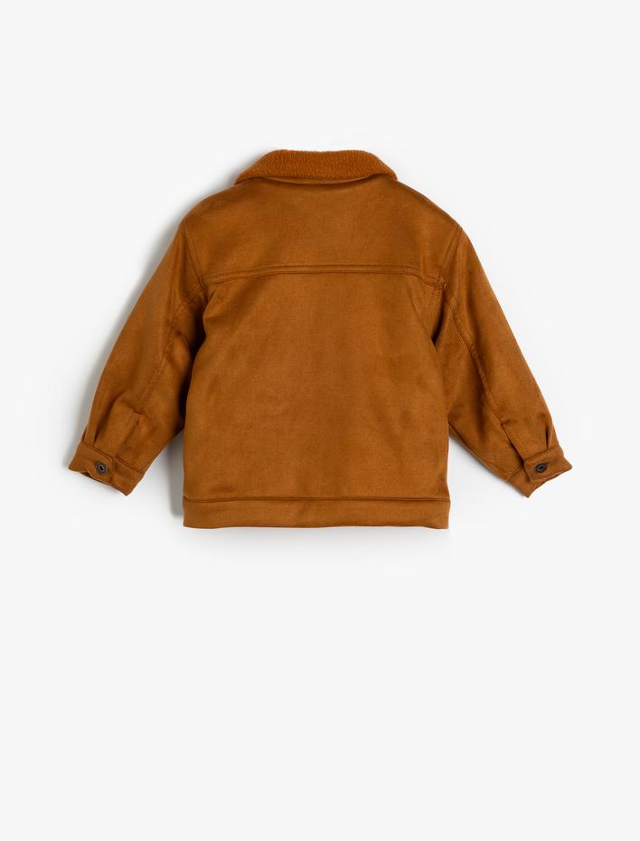 Erkek Bebek Süet Görünümlü Ceket Polar Yaka Detaylı Düğme Kapamalı