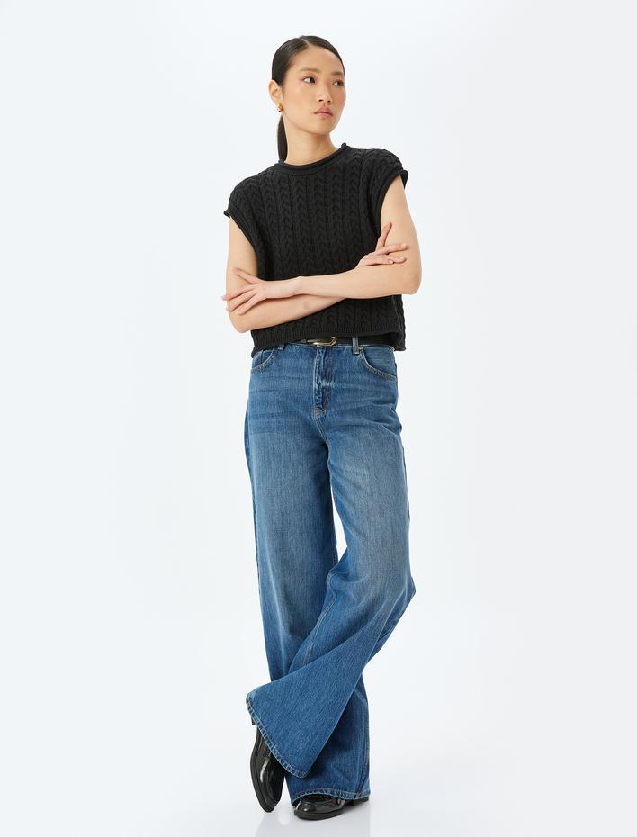  Kolsuz Yuvarlak Yaka Saç Örgü Süveter