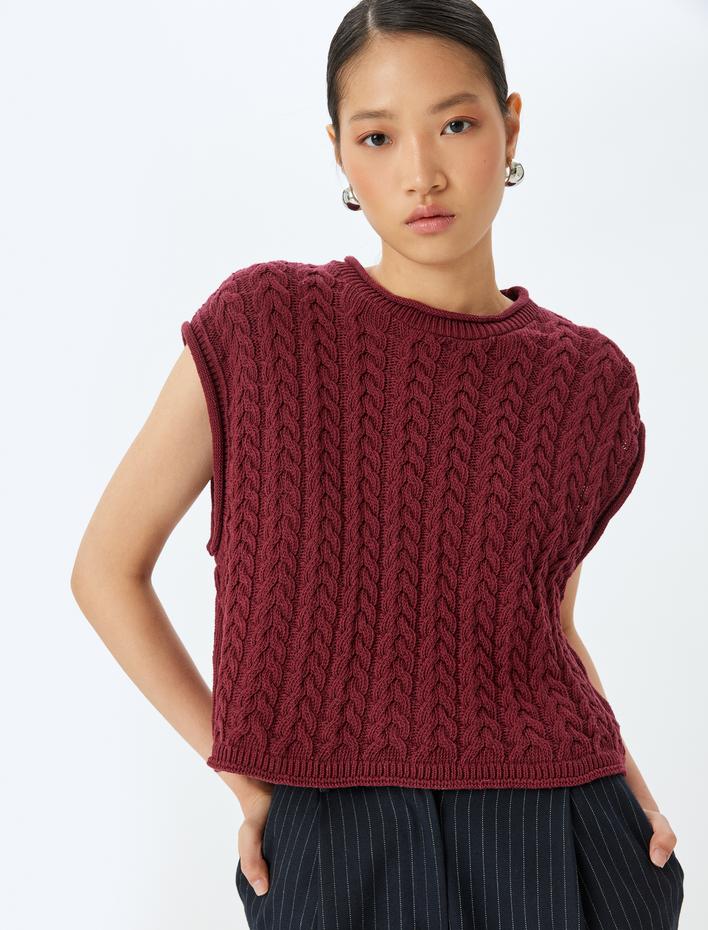  Kolsuz Yuvarlak Yaka Saç Örgü Süveter