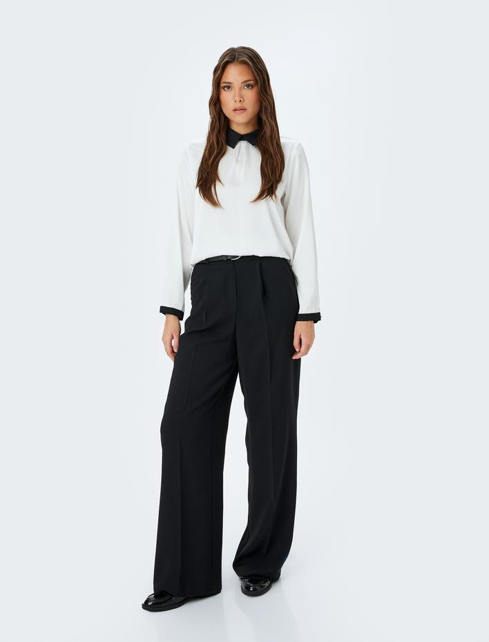  Renk Kontrastlı Gömlek Yaka Uzun Kollu Bluz