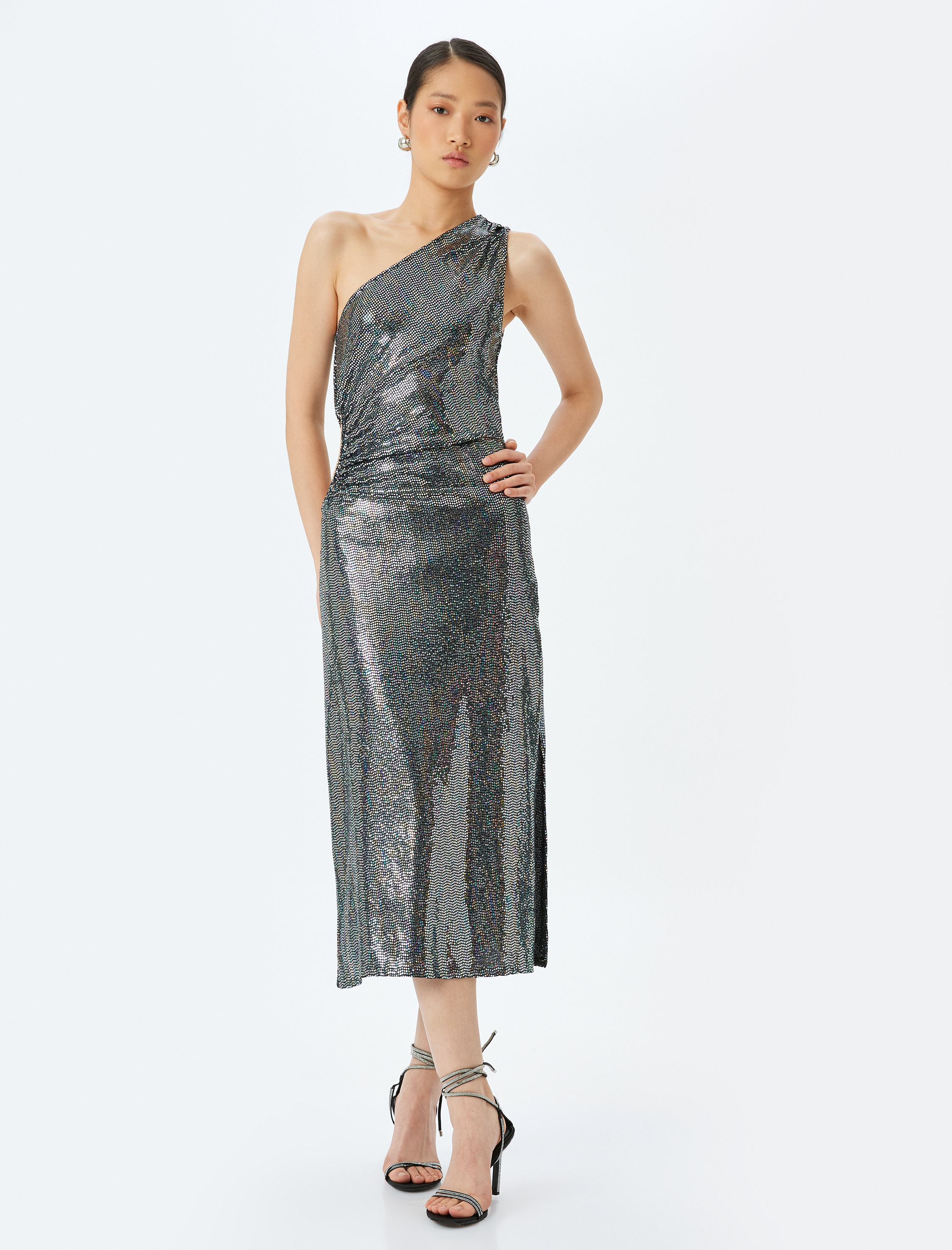   Pullu Payetli Tek Omuz Pencere Detaylı Midi Abiye Elbise