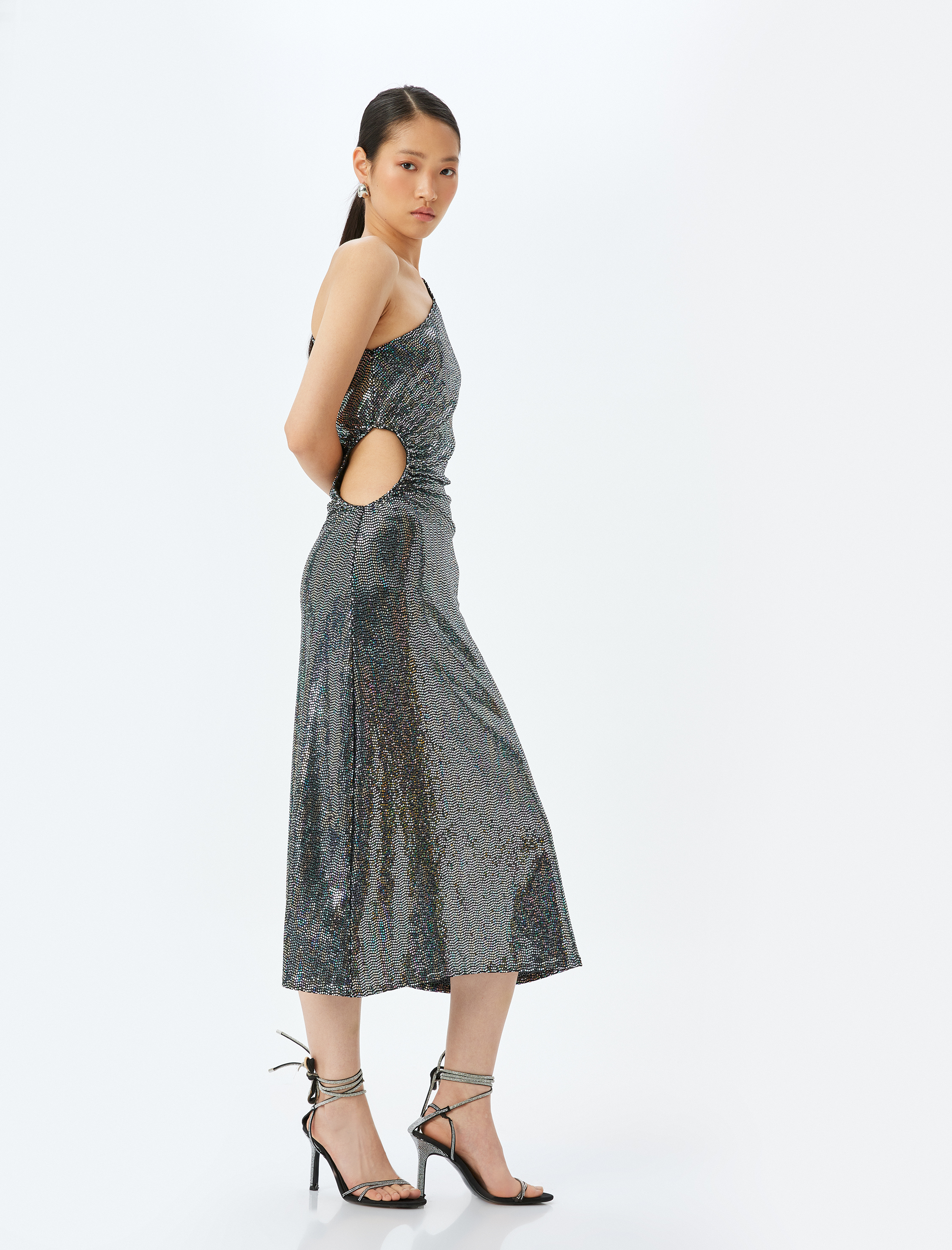   Pullu Payetli Tek Omuz Pencere Detaylı Midi Abiye Elbise