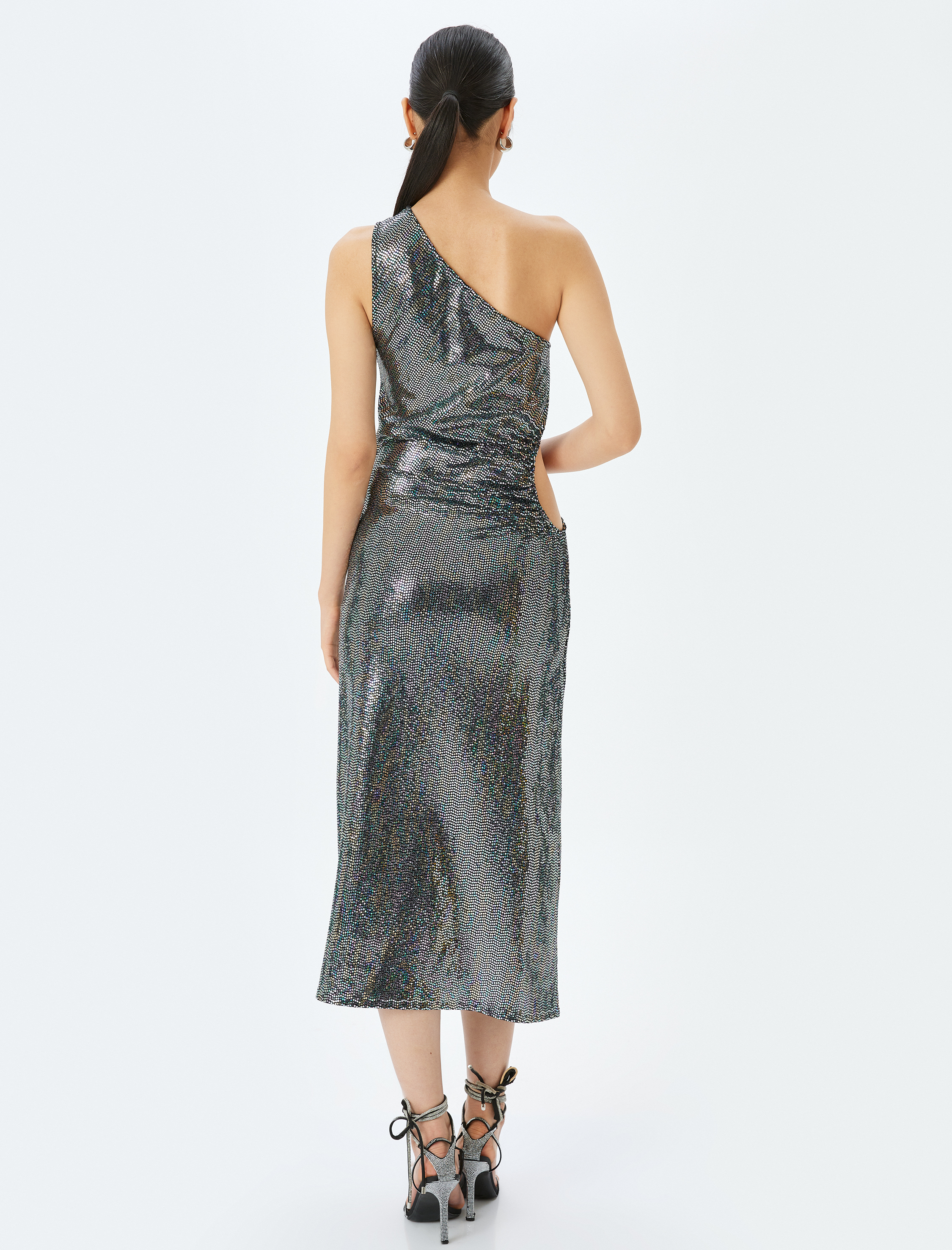   Pullu Payetli Tek Omuz Pencere Detaylı Midi Abiye Elbise