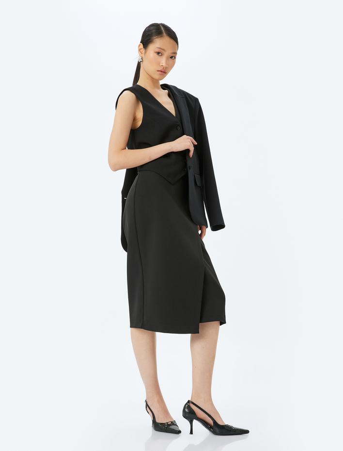  Kemer Detaylı Midi Boy Kruvaze Etek