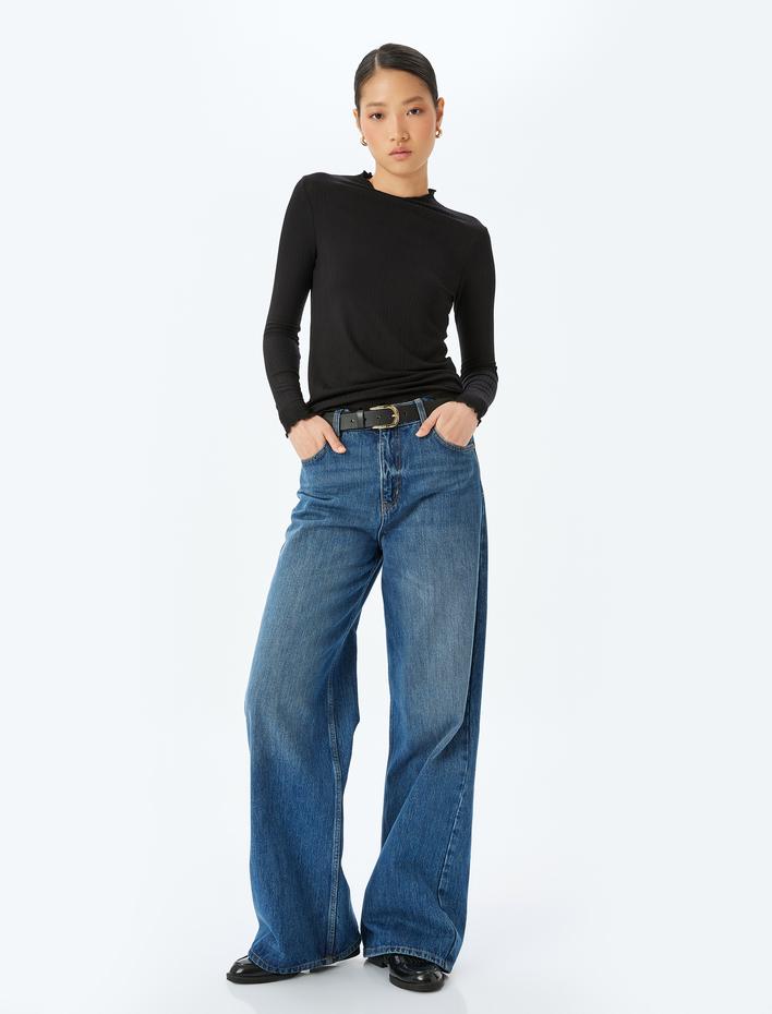  Viskon Kumaş Uzun Kollu Hafif Dik Yaka Dokulu Tişört