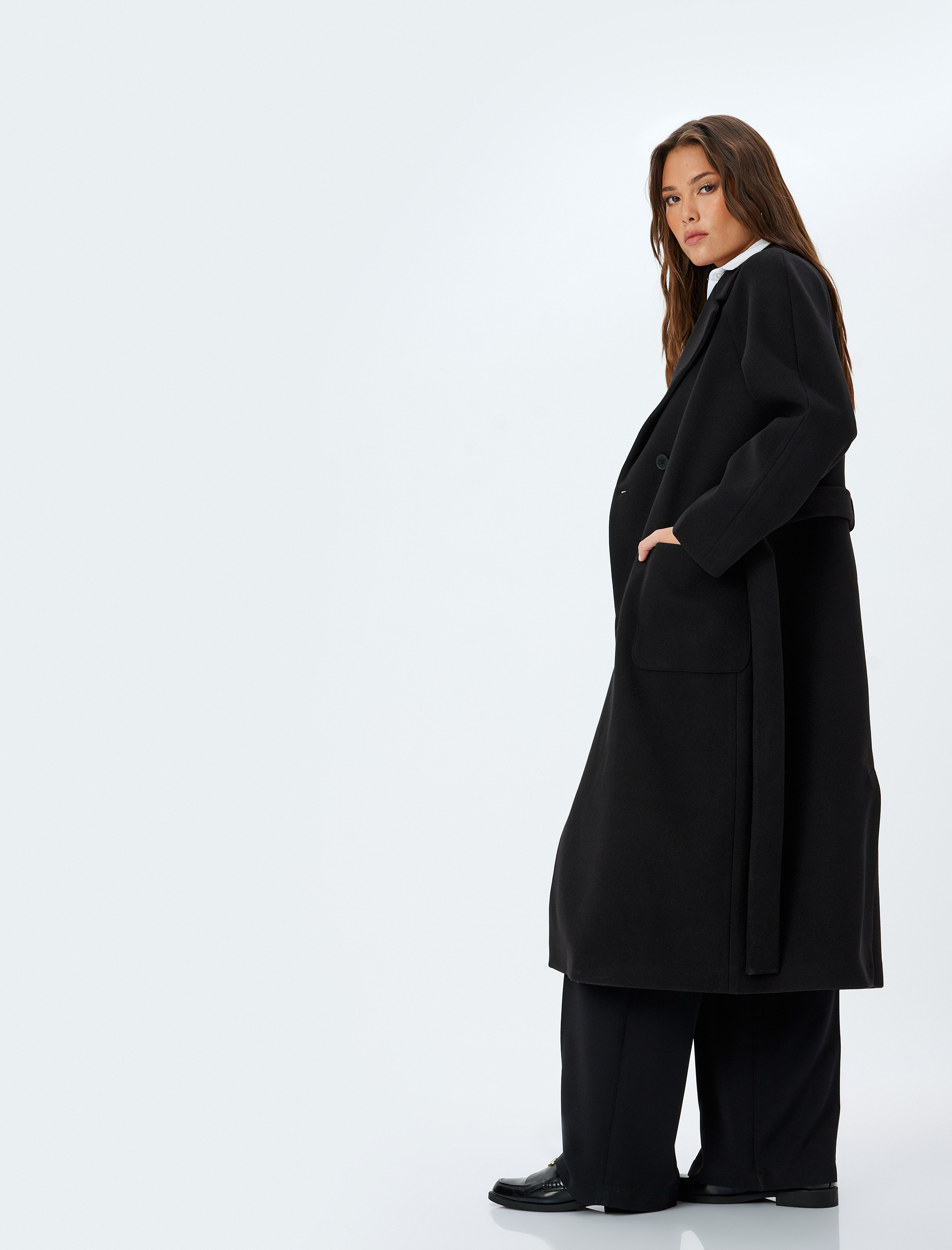   Cepli Düğmeli Kemer Detaylı Kruvaze Uzun Kaşe Kaban