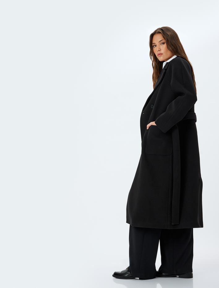  Cepli Düğmeli Kemer Detaylı Kruvaze Uzun Kaşe Kaban