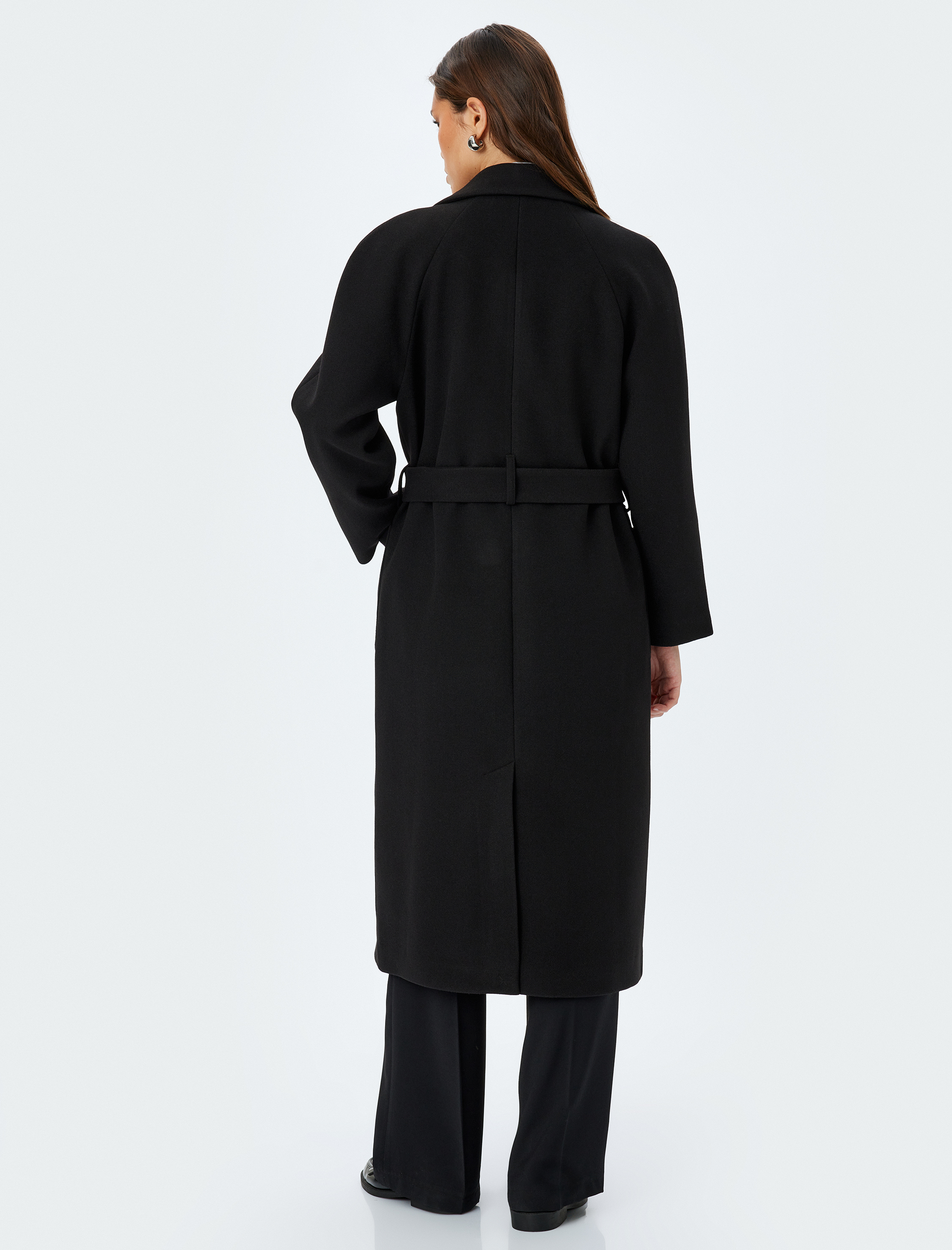   Cepli Düğmeli Kemer Detaylı Kruvaze Uzun Kaşe Kaban