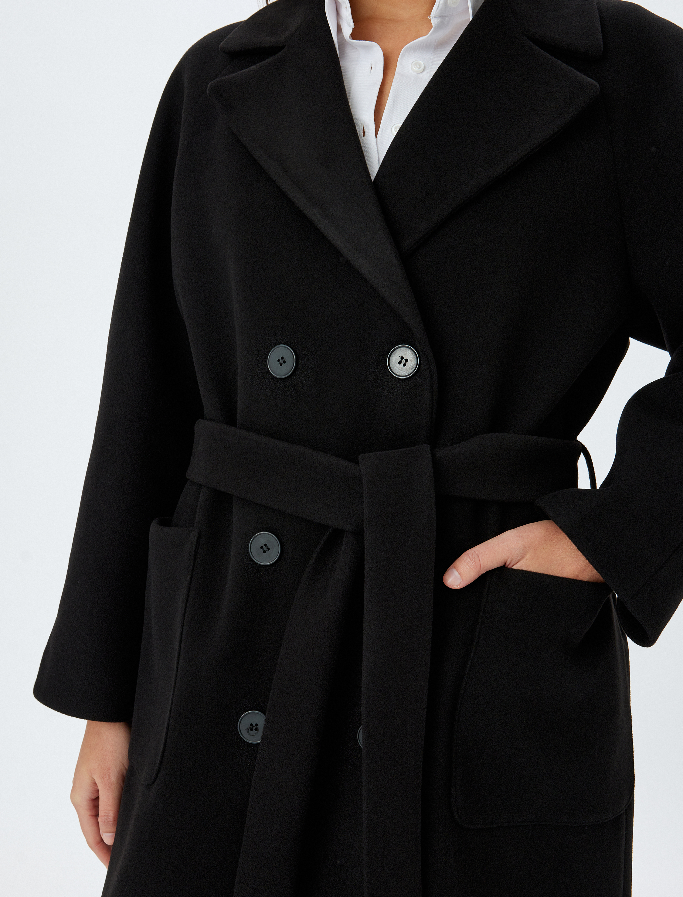   Cepli Düğmeli Kemer Detaylı Kruvaze Uzun Kaşe Kaban