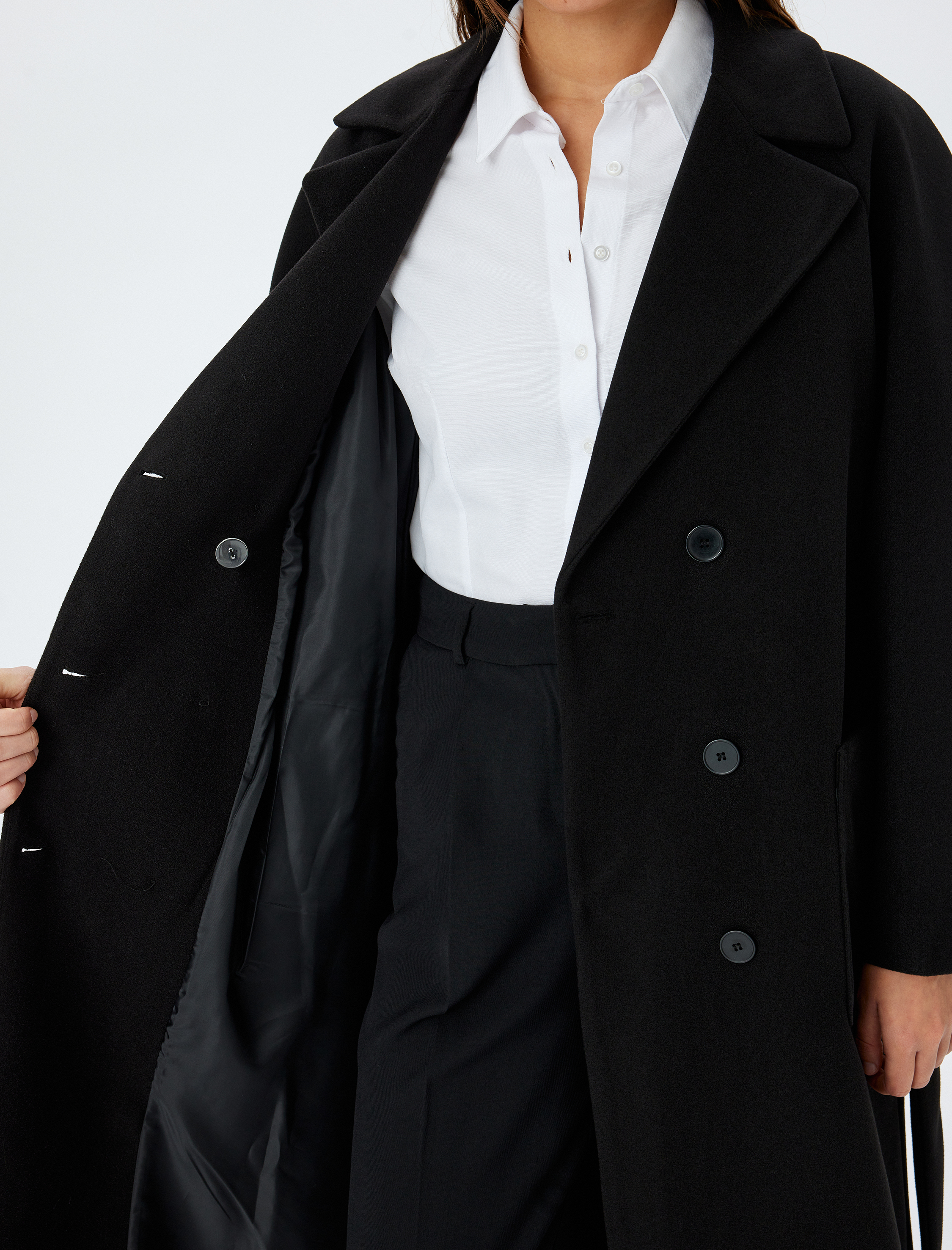   Cepli Düğmeli Kemer Detaylı Kruvaze Uzun Kaşe Kaban