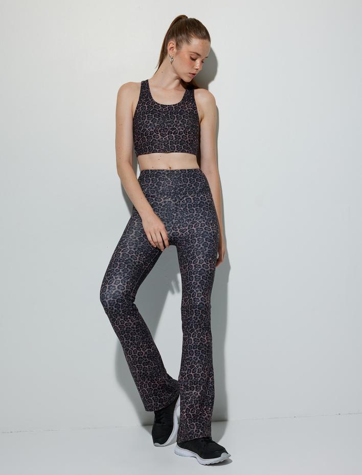  İspanyol Paça Spor Tayt Leopar Desenli Slim Fit Yumuşak Tuşe Yüksek Bel