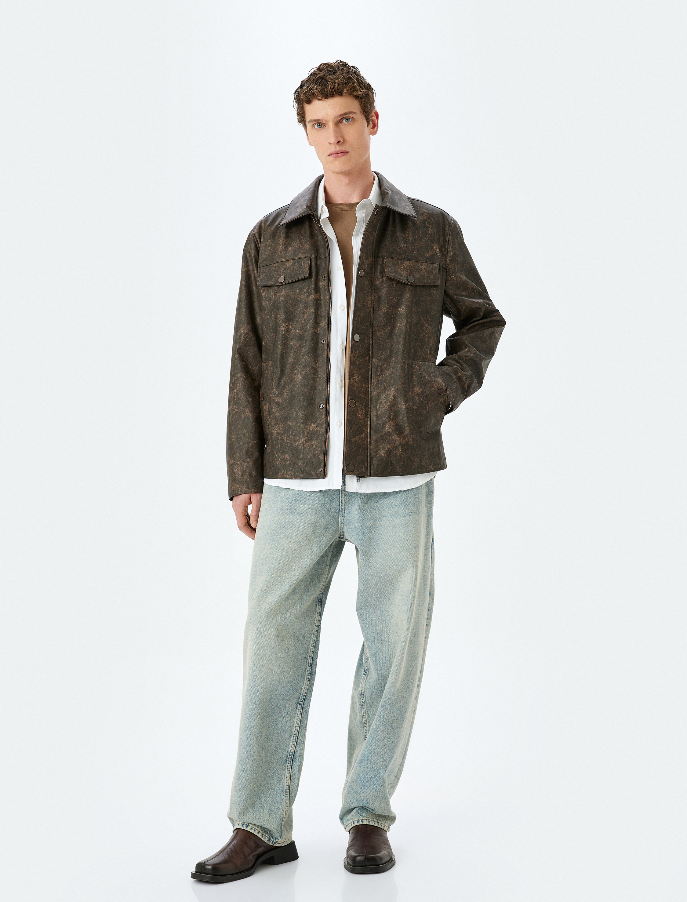   Suni Deri Ceket Gömlek Yaka Kapaklı Cep Detaylı Çıtçıt Düğmeli