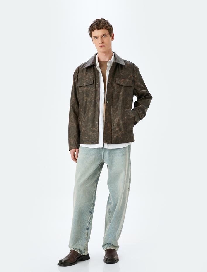  Suni Deri Ceket Gömlek Yaka Kapaklı Cep Detaylı Çıtçıt Düğmeli