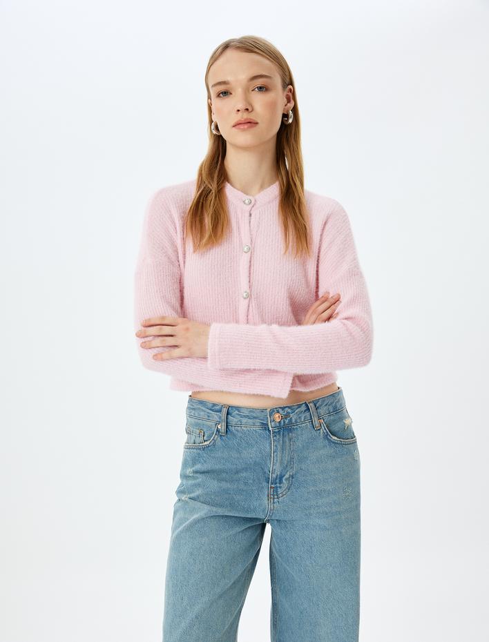  Bisiklet Yaka İnci Düğme Detaylı Yumuşak Dokulu Hırka