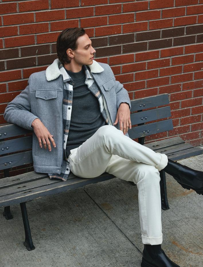  Peluş Yaka Ceket Slim Fit Cep Detaylı Fermuarlı Pamuk Karışımlı