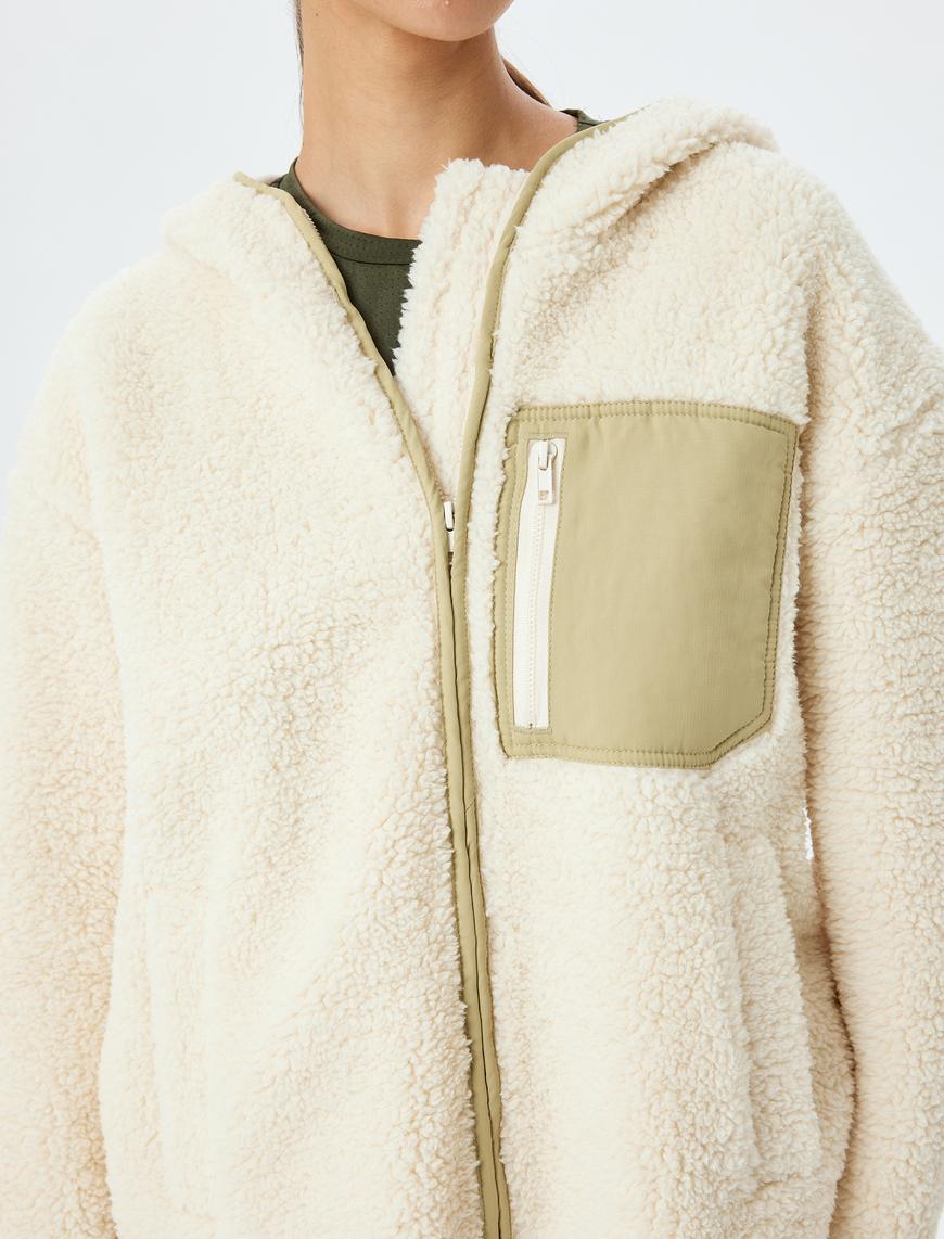   Peluş Ceket Oversize Fermuarlı Kapüşonlu Cep Detaylı