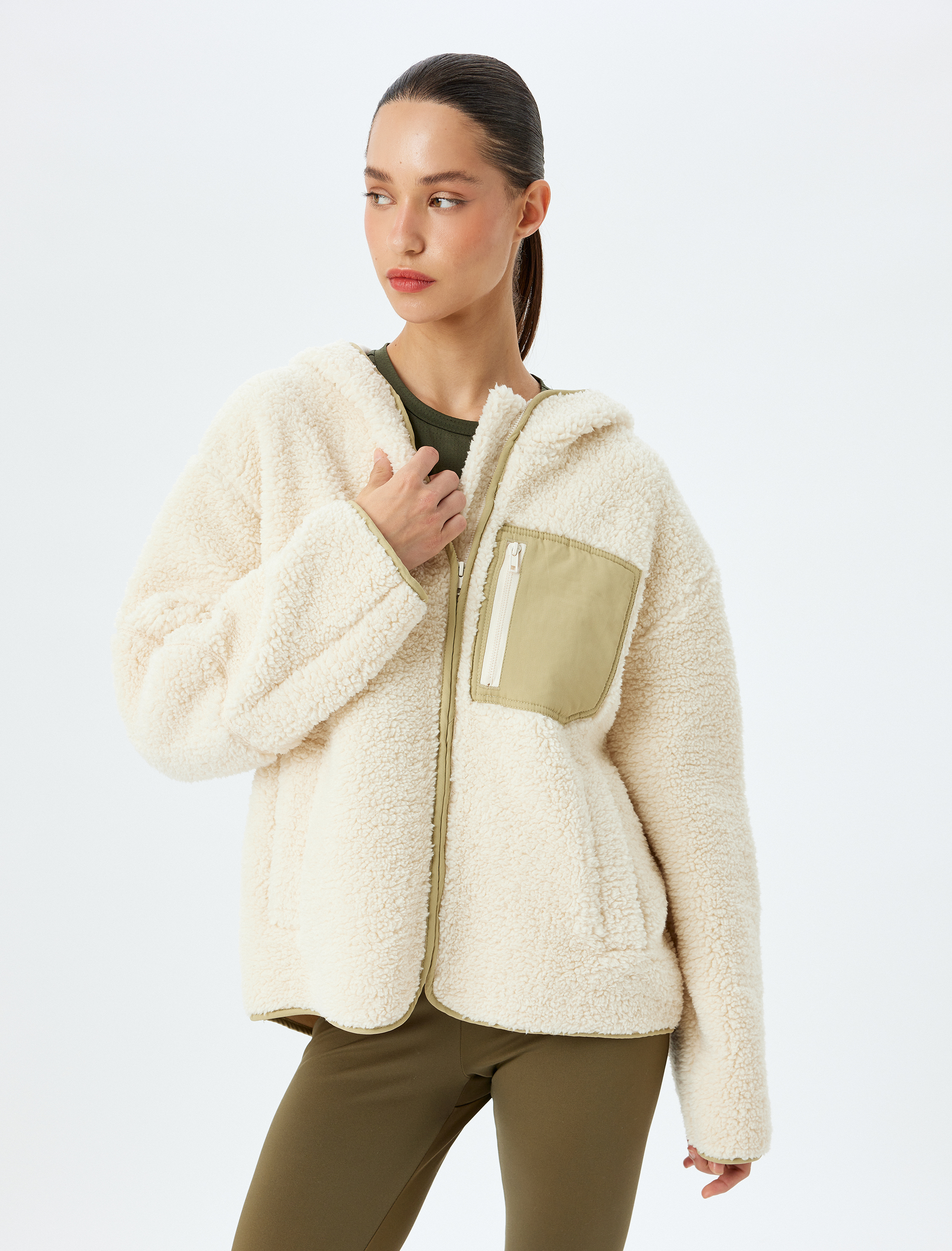   Peluş Ceket Oversize Fermuarlı Kapüşonlu Cep Detaylı