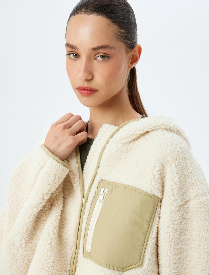   Peluş Ceket Oversize Fermuarlı Kapüşonlu Cep Detaylı