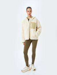 Peluş Ceket Oversize Fermuarlı Kapüşonlu Cep Detaylı
