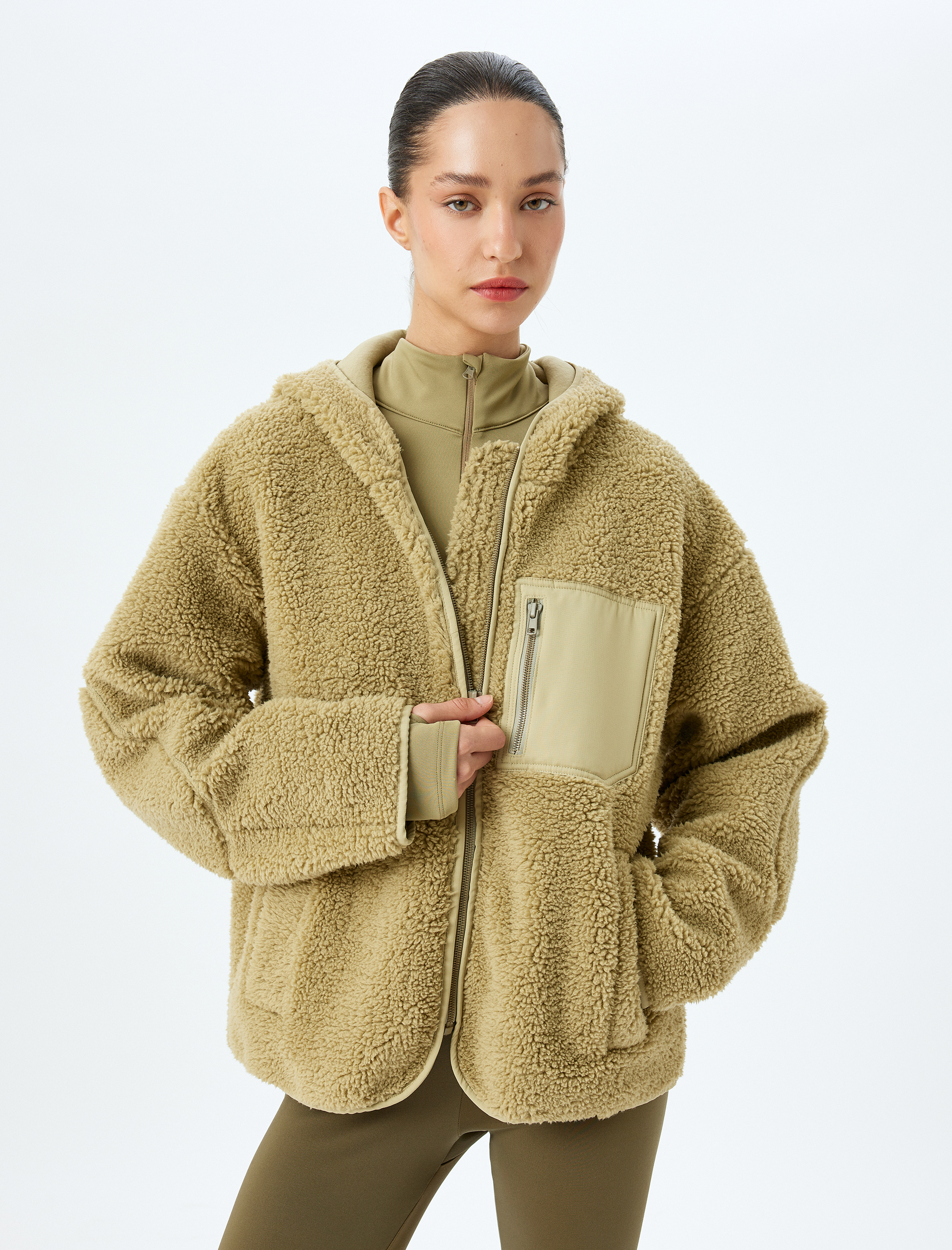 Peluş Ceket Oversize Fermuarlı Kapüşonlu Cep Detaylı