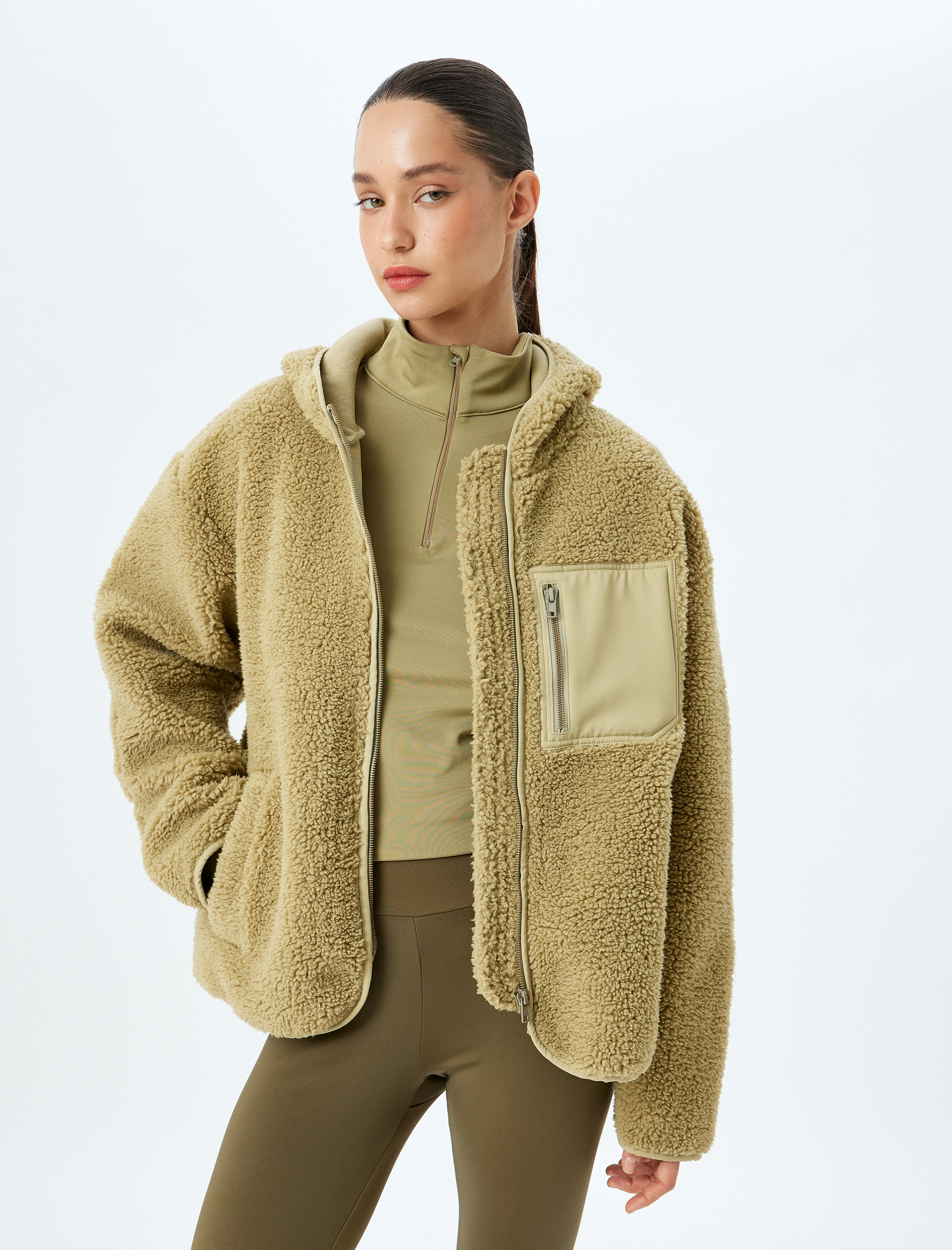 Peluş Ceket Oversize Fermuarlı Kapüşonlu Cep Detaylı