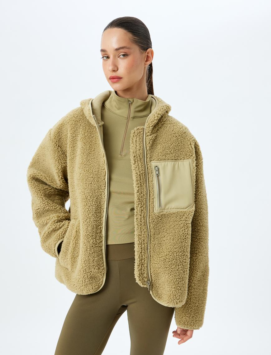   Peluş Ceket Oversize Fermuarlı Kapüşonlu Cep Detaylı