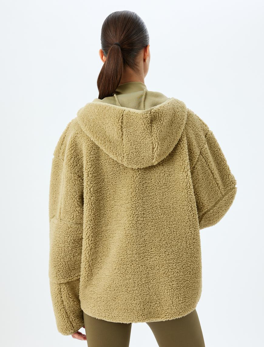   Peluş Ceket Oversize Fermuarlı Kapüşonlu Cep Detaylı