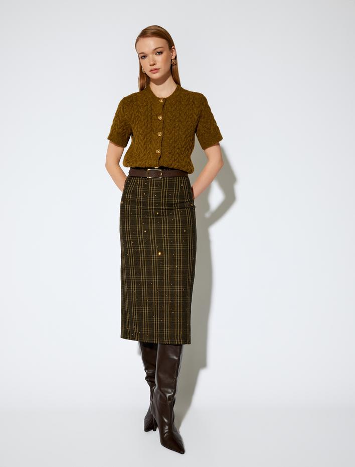  Koton X Melis Ağazat - Standart Bel Midi Boy Taşlı Ekose Kalem Etek