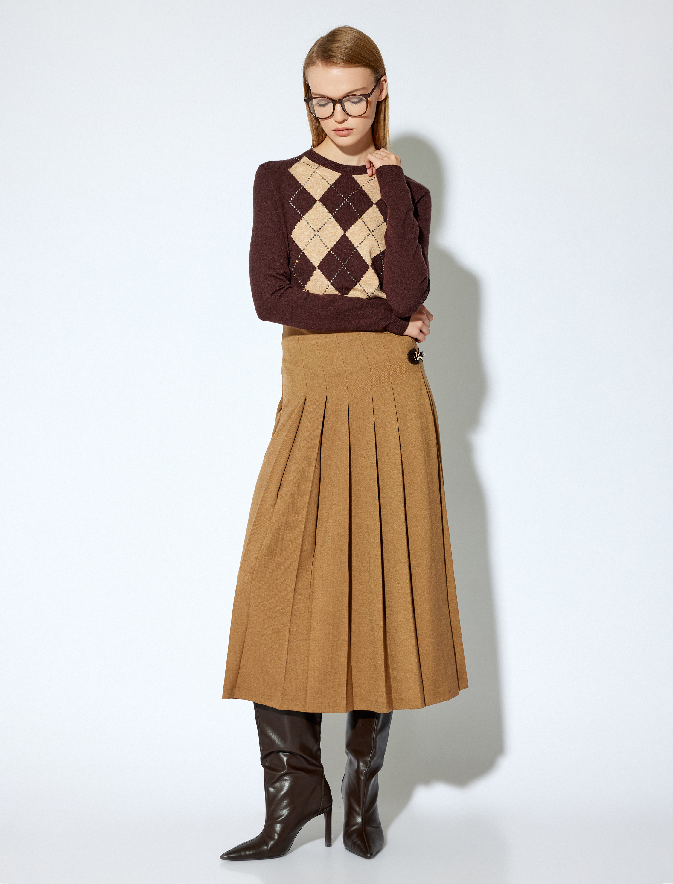   Koton X Melis Ağazat - Uzun Kollu Bisiklet Yaka Baklava Desenli Taşlı Triko Kazak