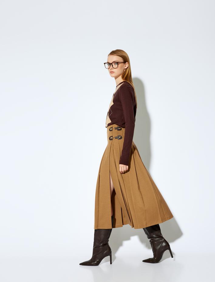  Koton X Melis Ağazat - Yırtmaçlı Yarım Kemer Detaylı Kalın Pileli Midi Boy Etek