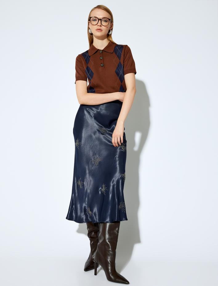  Koton X Melis Ağazat - Taş İşlemeli Midi Boy Saten Etek