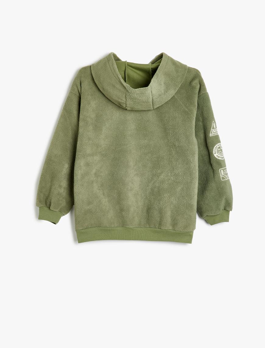 Erkek Çocuk Oversize Polar Kapşonlu Sweatshirt İşlemeli Kanguru Cepli Uzun Kollu