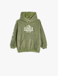 Oversize Polar Kapşonlu Sweatshirt İşlemeli Kanguru Cepli Uzun Kollu