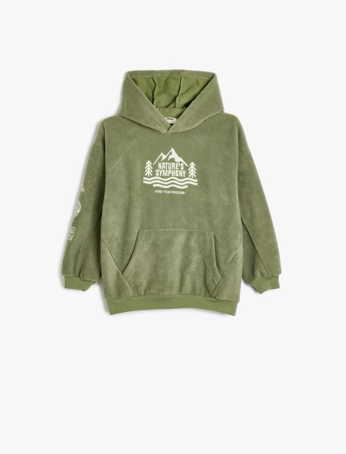 Erkek Çocuk Oversize Polar Kapşonlu Sweatshirt İşlemeli Kanguru Cepli Uzun Kollu