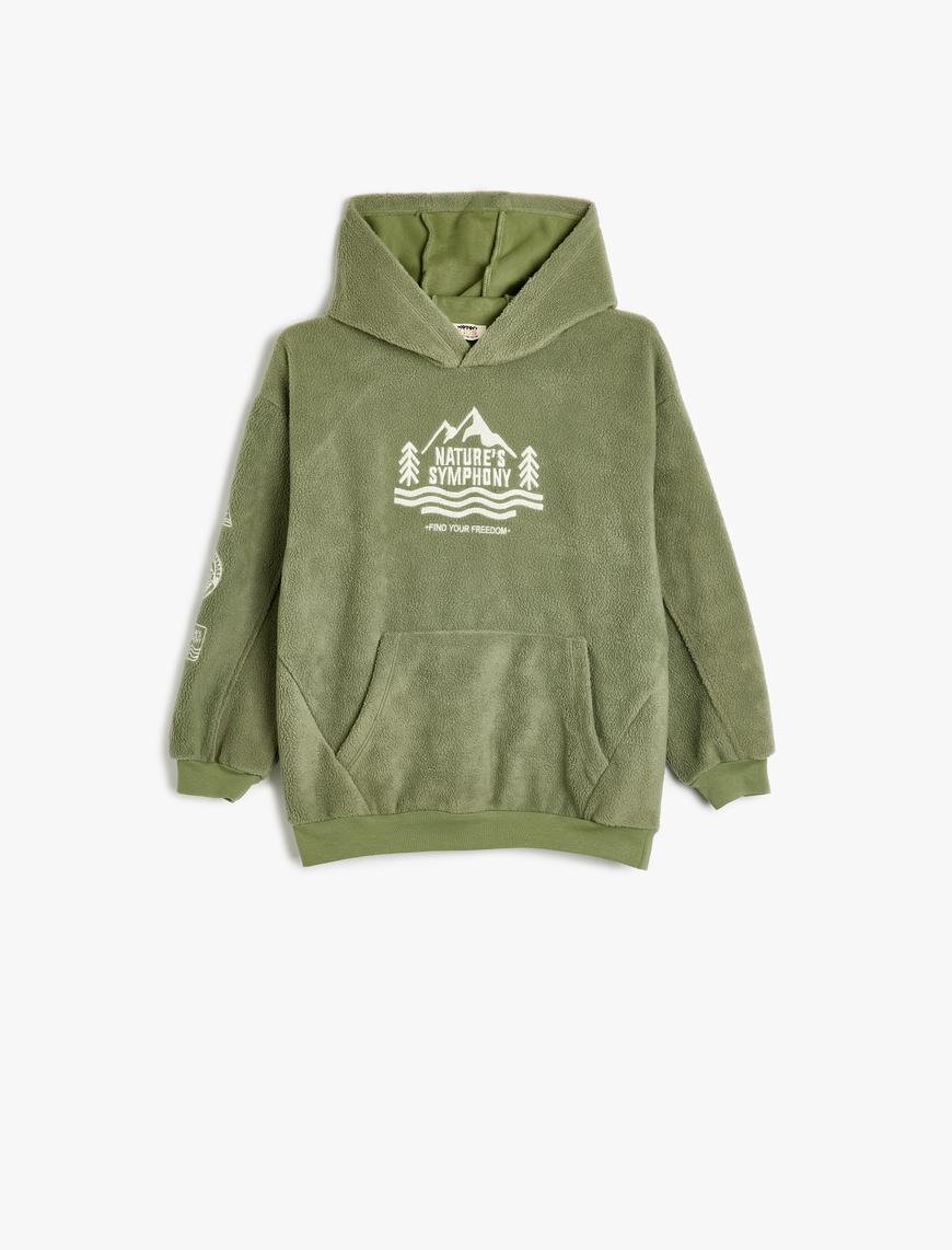  Erkek Çocuk Oversize Polar Kapşonlu Sweatshirt İşlemeli Kanguru Cepli Uzun Kollu