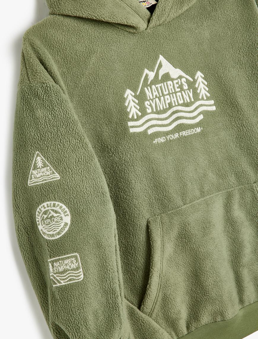  Erkek Çocuk Oversize Polar Kapşonlu Sweatshirt İşlemeli Kanguru Cepli Uzun Kollu