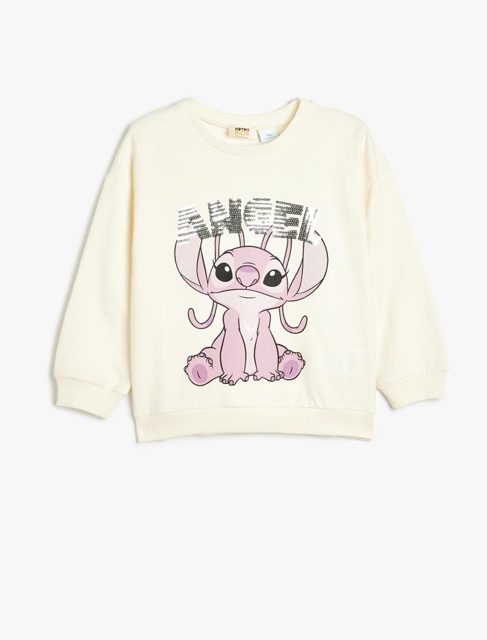 Kız Çocuk Stitch Sweatshirt Lisanslı Uzun Kollu Bisiklet Yaka Pullu Payetli Şardonlu